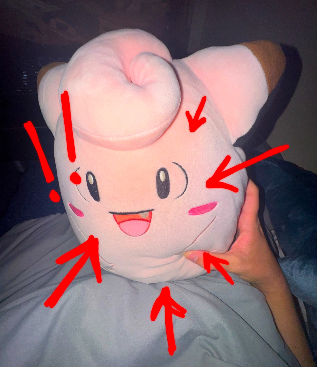An overexposed picture of a hand gripping a Clefairy
    plush. There are several red arrows pointing to its face.
