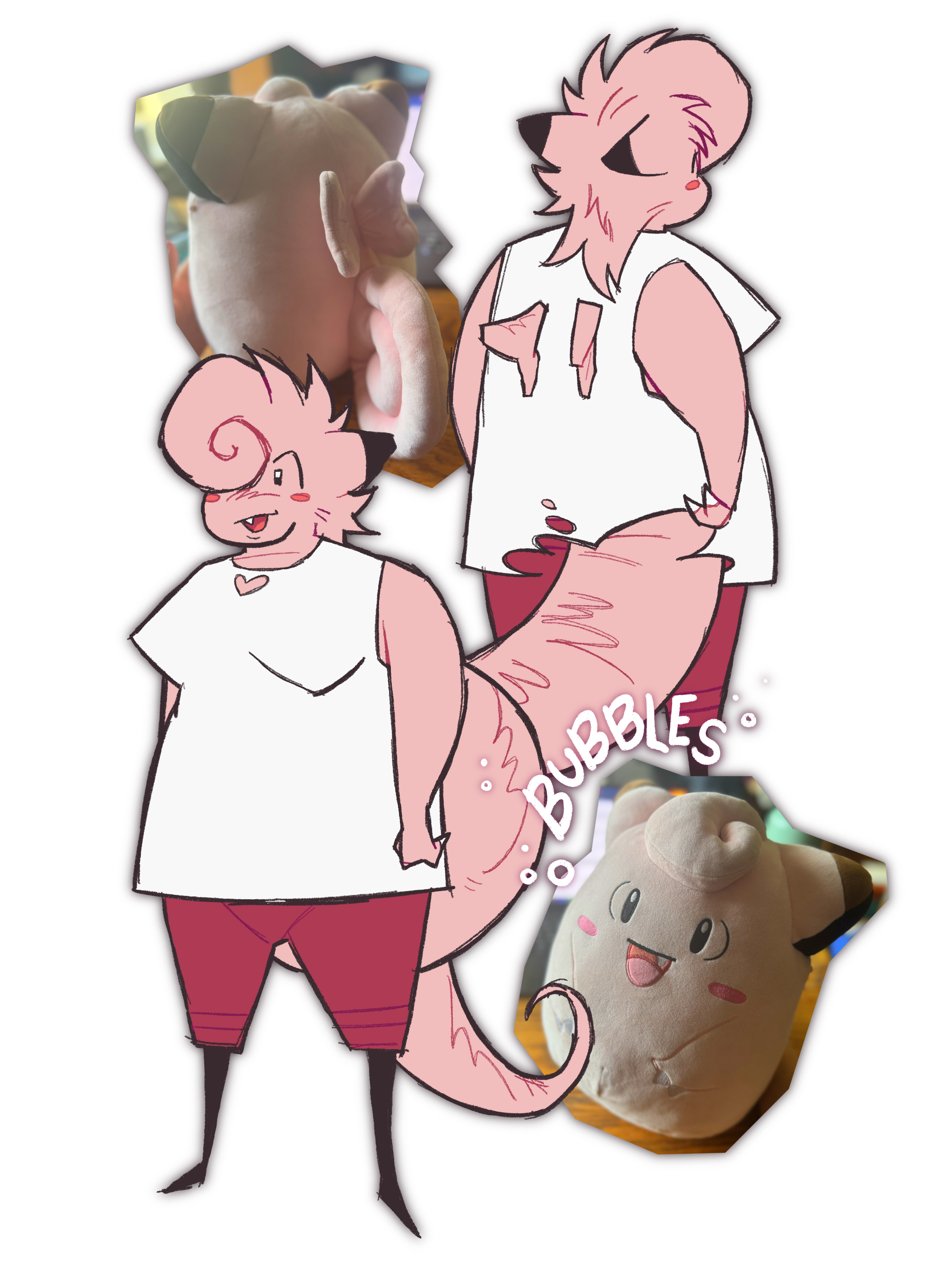A drawing of a front and back view of a middle-aged character.
                She is modelled after Clefairy from Pokemon, with pink skin and a cartoonish
                face. Her hair is short, with a big swirl in the front. She is wearing a simple
                white shirt with dark pink shorts. She has a long tail and small fairy-like wings.