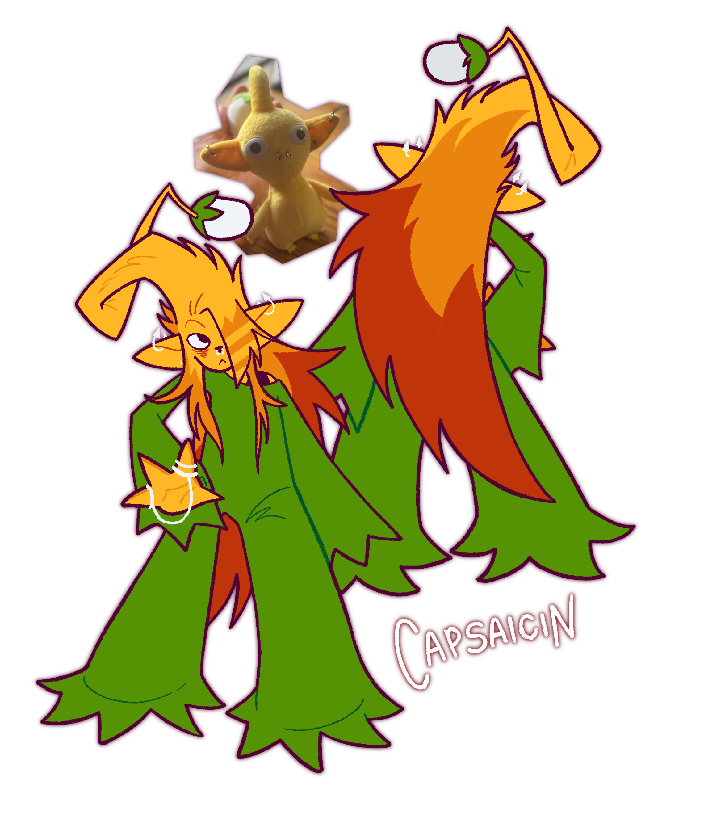 A drawing of a front and back view of a teenage character.
                Modeled after a yellow Pikmin, they have long elf-like ears and
                yellow skin. Their messy hair gradients from yellow to red, with
                a strand in the front having a striped pattern. They're wearing a
                full-body green jumpsuit with lots of silver jewelry.