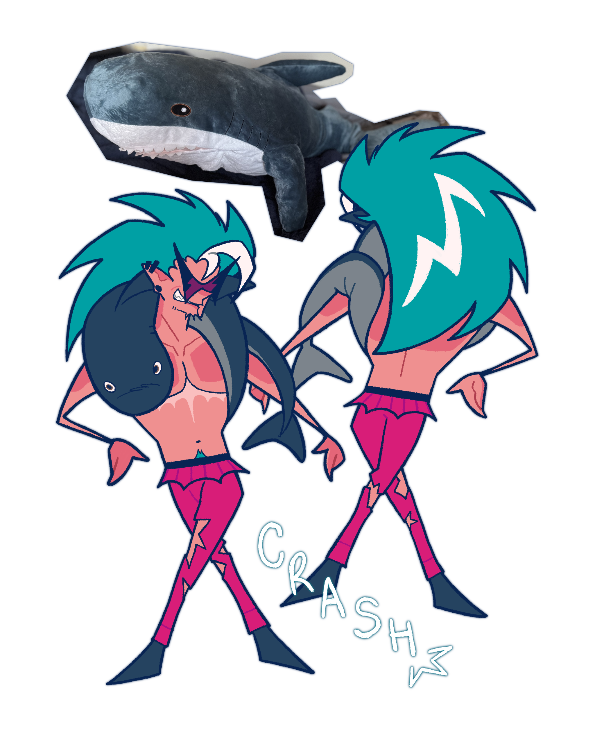 A drawing of a front and back view of a buff character. He has long
                teal and white hair with pale but sunburnt skin. He wears dark, sharp sunglasses
                with a shark wrapped around his neck. His long pants and short tutu are both hot pink,
                with his pants being ripped near his knees.