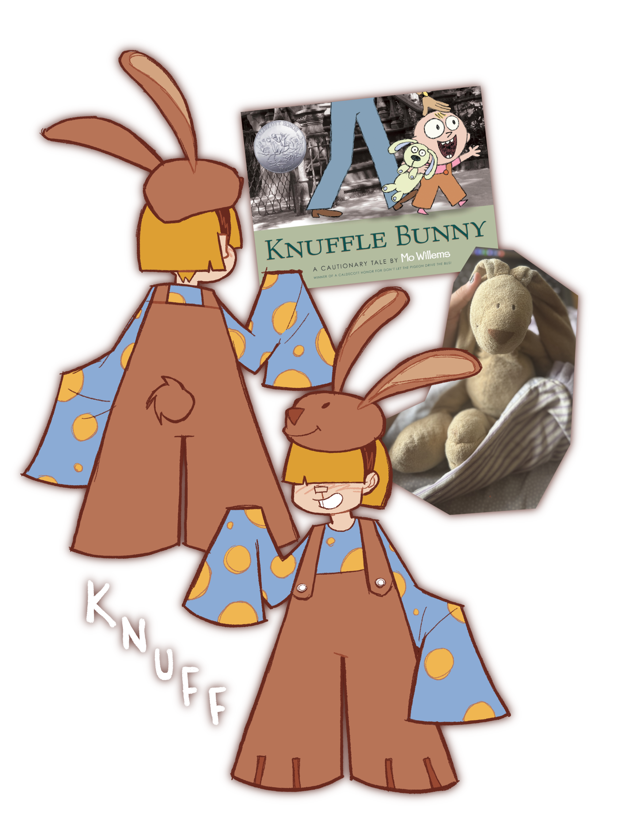 A drawing of a front and back view of a smiling child character
                with short blonde hair. He is wearing a long-sleeved blue
                shirt with yellow polka dots, brown overalls, and a
                hat modelled after a brown rabbit.